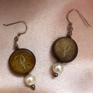 Wood/Pearl Initial Earrings “P”
